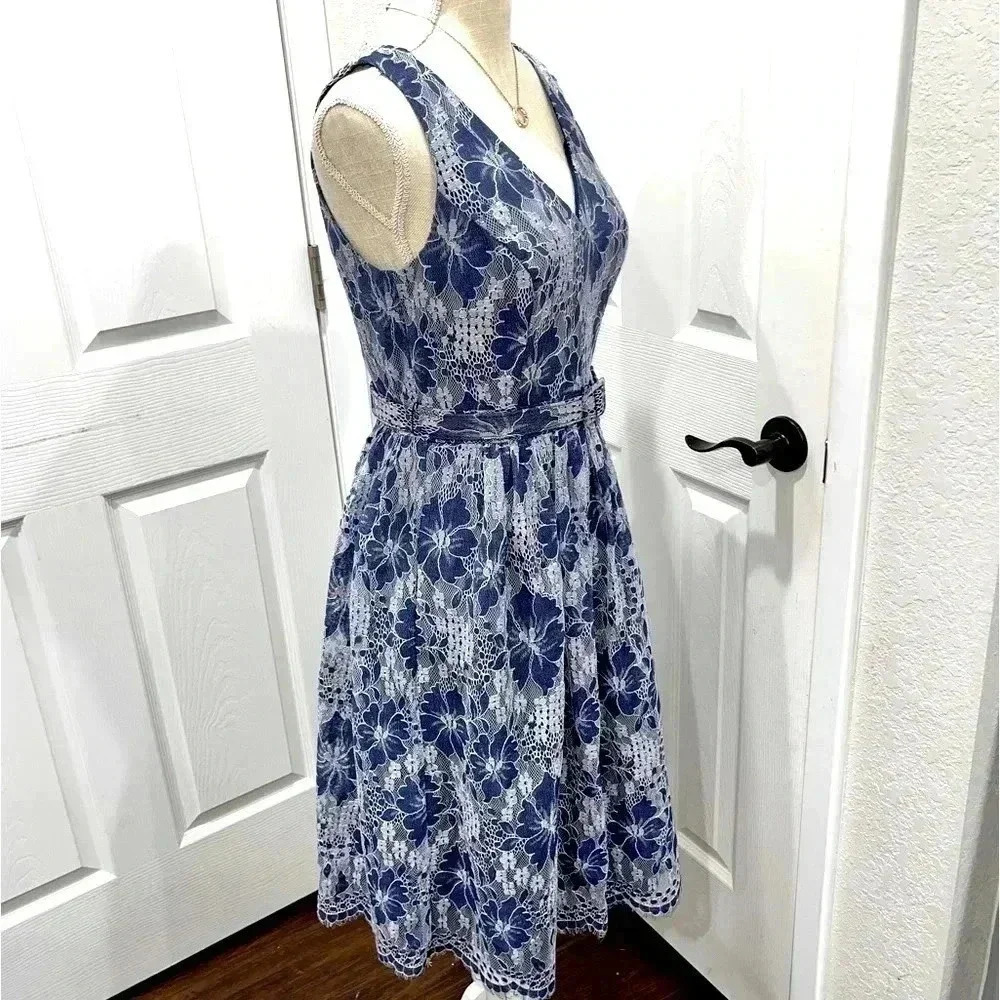 Eliza J Lace, sleeveless, v-neck, Belted, Midi Dress, zip back, 3 layer lining
